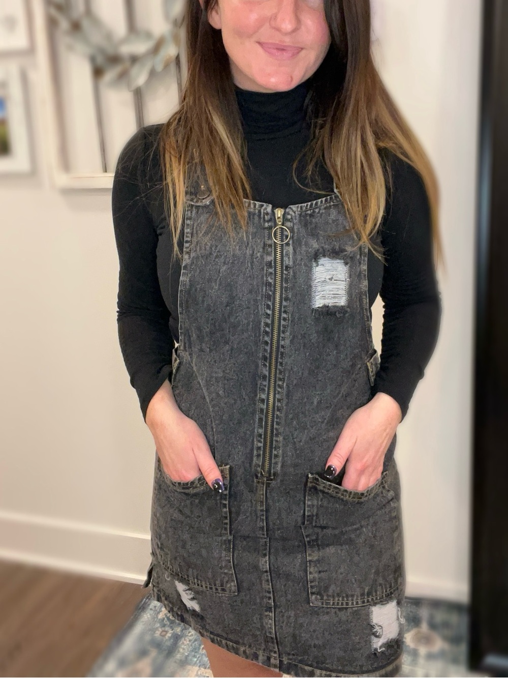 Washed Black Denim Zipper Pinafore Dress